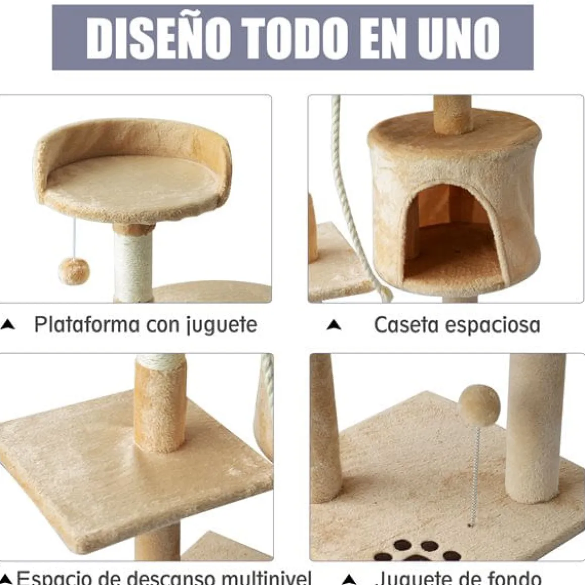 Árbol rascador para gatos PawHut con plataformas y caseta beige/blanco 114x40x40 cm