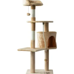 Árbol rascador para gatos PawHut con plataformas y caseta beige/blanco 114x40x40 cm