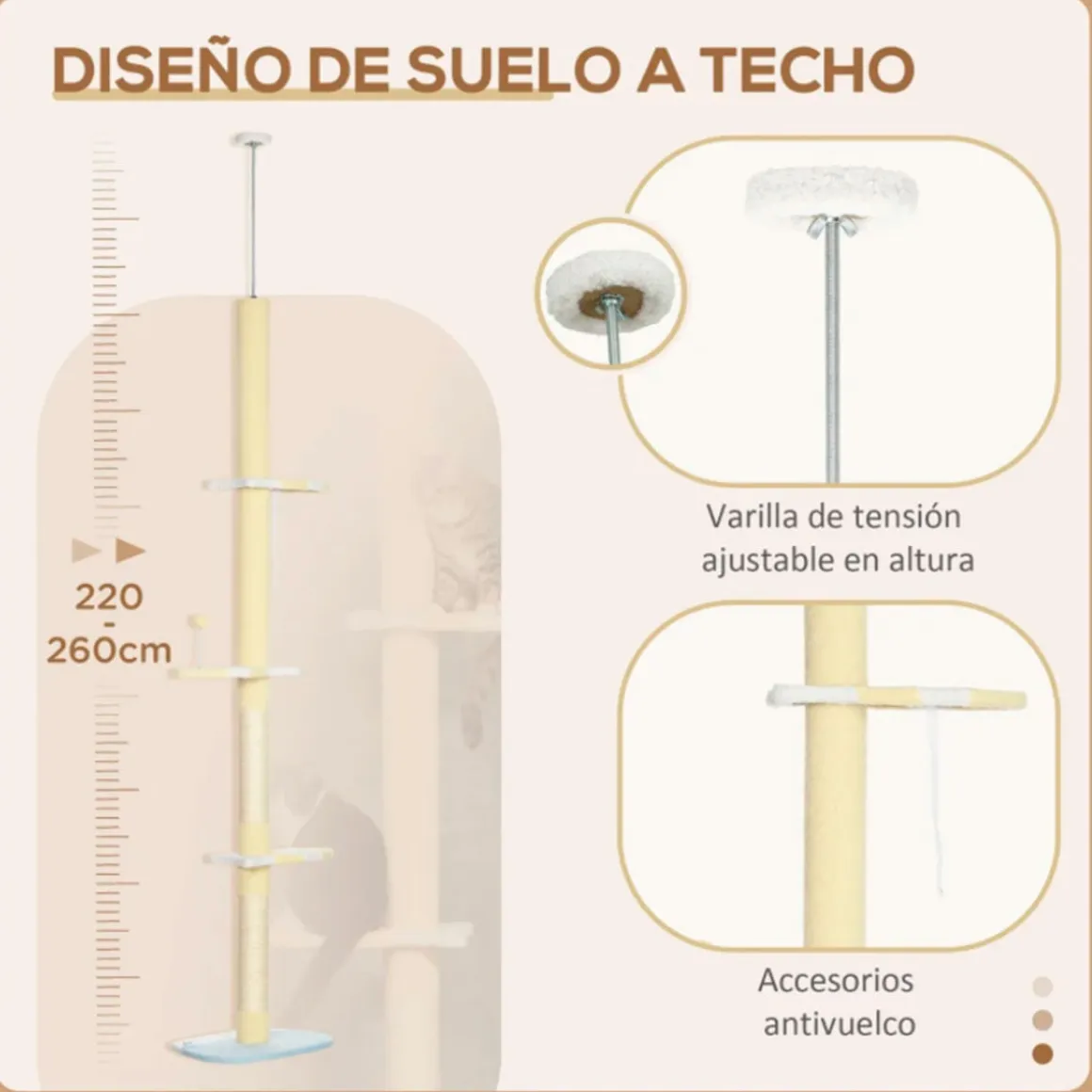 Árbol rascador para gatos PawHut altura ajustable 3 niveles crema 220/260x47x34 cm