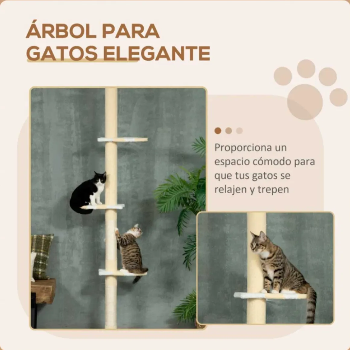 Árbol rascador para gatos PawHut altura ajustable 3 niveles crema 220/260x47x34 cm