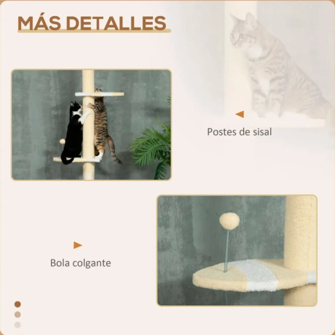 Árbol rascador para gatos PawHut altura ajustable 3 niveles crema 220/260x47x34 cm