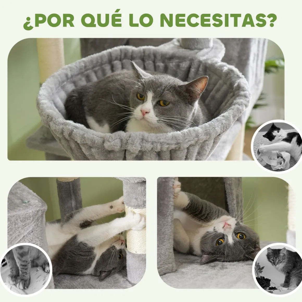 Árbol rascador Ratón PawHut 2 hamacas + 2 cuevas + plataformas + bola gris 206x60x50 cm