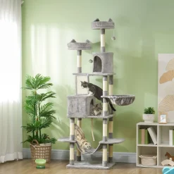 Árbol rascador Ratón PawHut 2 hamacas + 2 cuevas + plataformas + bola gris 206x60x50 cm