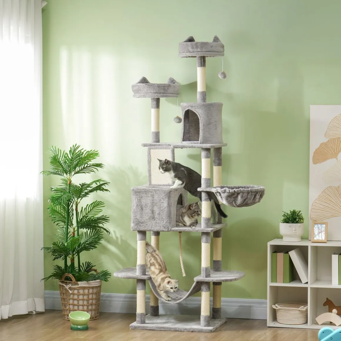 Árbol rascador Ratón PawHut 2 hamacas + 2 cuevas + plataformas + bola gris 206x60x50 cm