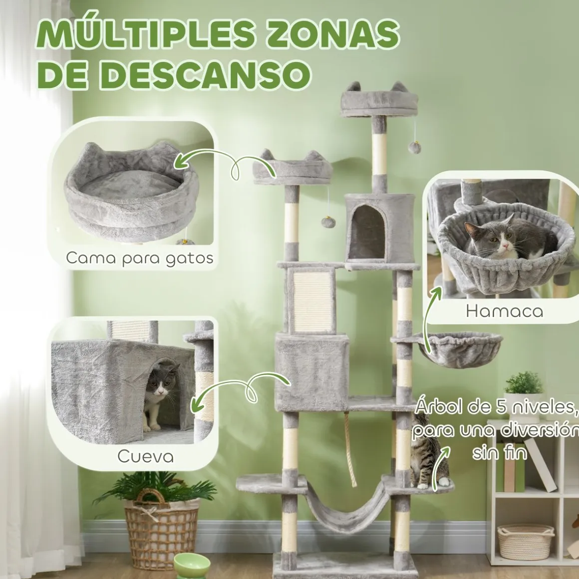 Árbol rascador Ratón PawHut 2 hamacas + 2 cuevas + plataformas + bola gris 206x60x50 cm