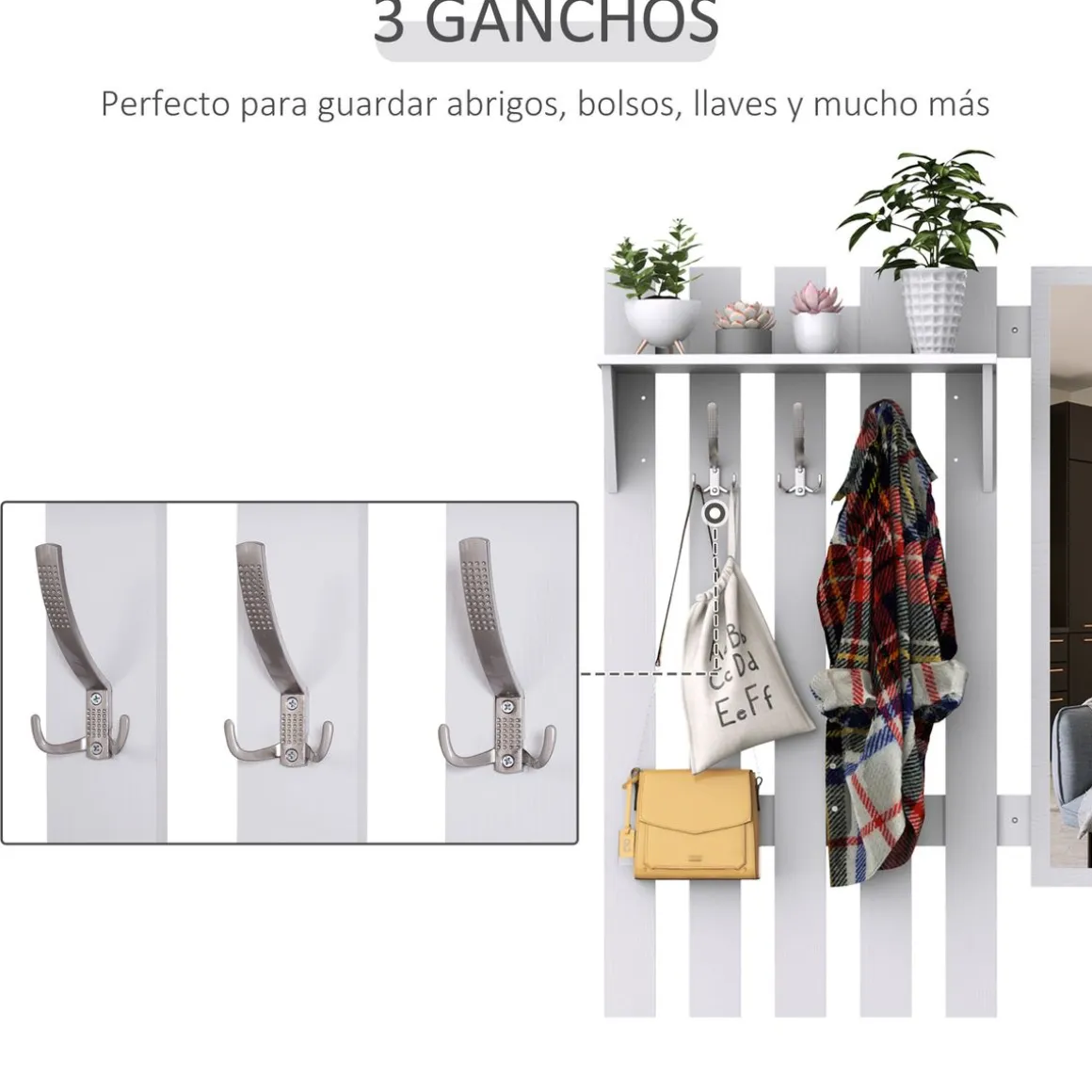 Recibidor Abrazo Homcom espejo con ganchos y zapatero blanco