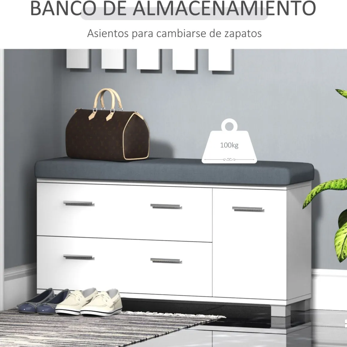 Recibidor Abrazo Homcom espejo con ganchos y zapatero blanco
