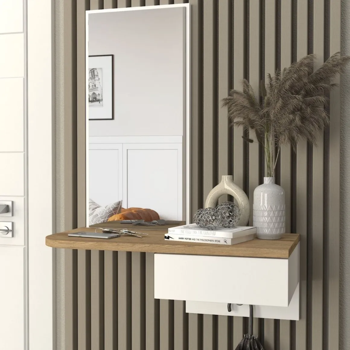 Recibidor Grovia con cajón y espejo blanco/natural 81,8x60x29,6 cm