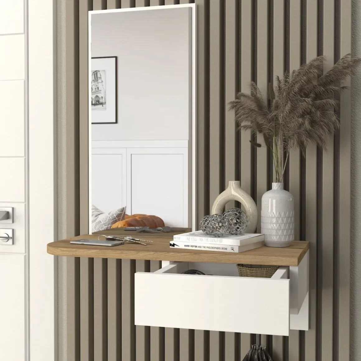 Recibidor Grovia con cajón y espejo blanco/natural 81,8x60x29,6 cm