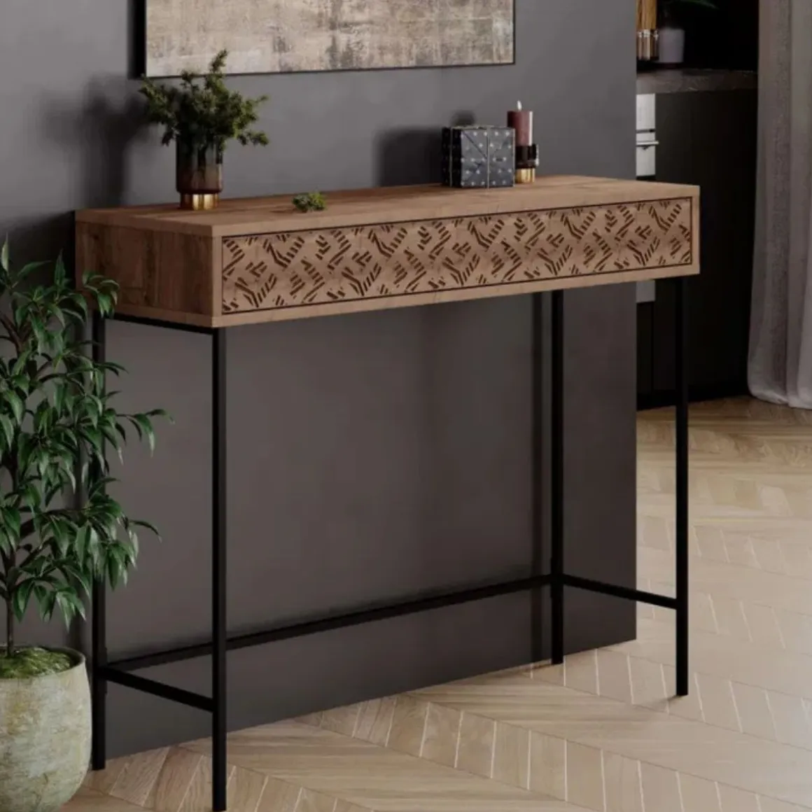Recibidor Heaton cajón doble roble/negro 90x110x35,6 cm