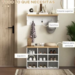 Recibidor Holeo Homcom perchero + banco zapatero blanco/natural