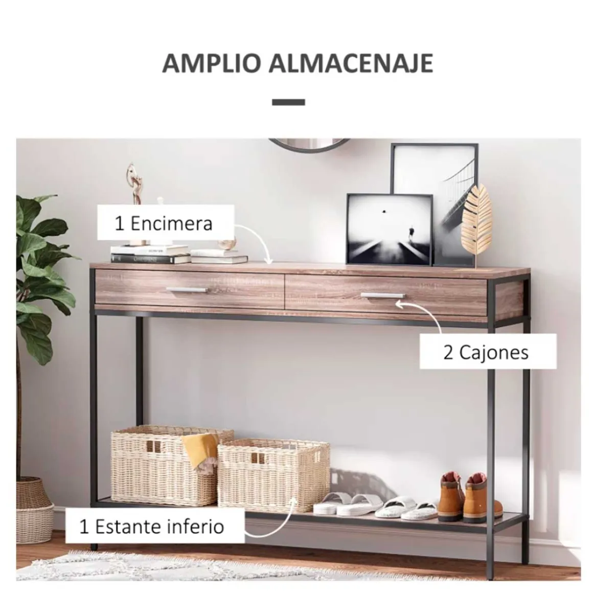 Recibidor Homcom 2 cajones + 1 estante negro/natural 81,5x120x30 cm