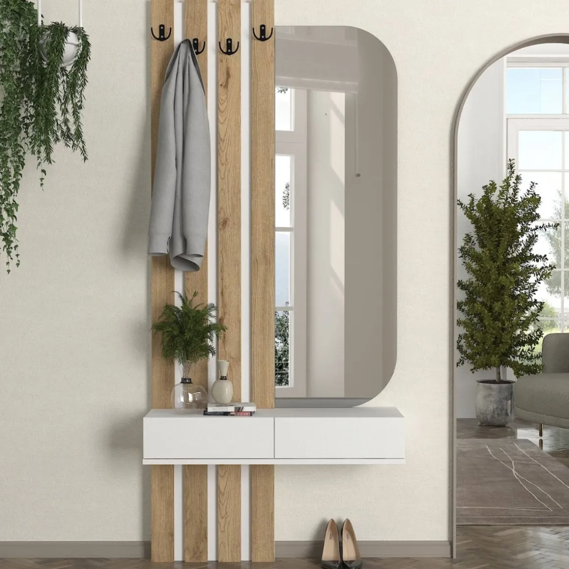 Recibidor Reyas con espejo, percheros y estante natural/blanco 180x39x29,5 cm