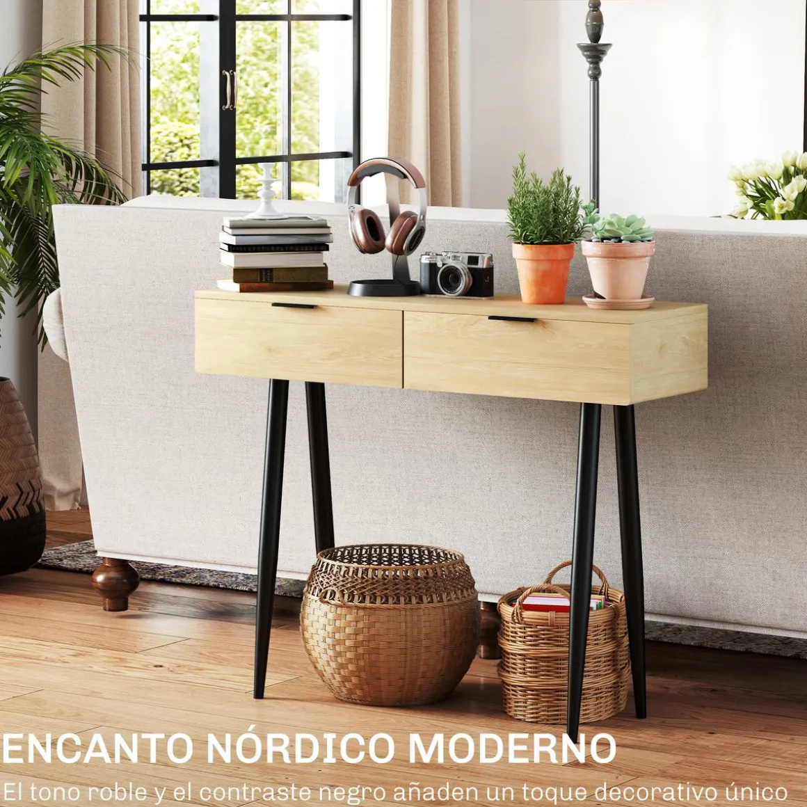 Recibidor Sia Homcom con 2 cajones roble 80,5x100x30 cm