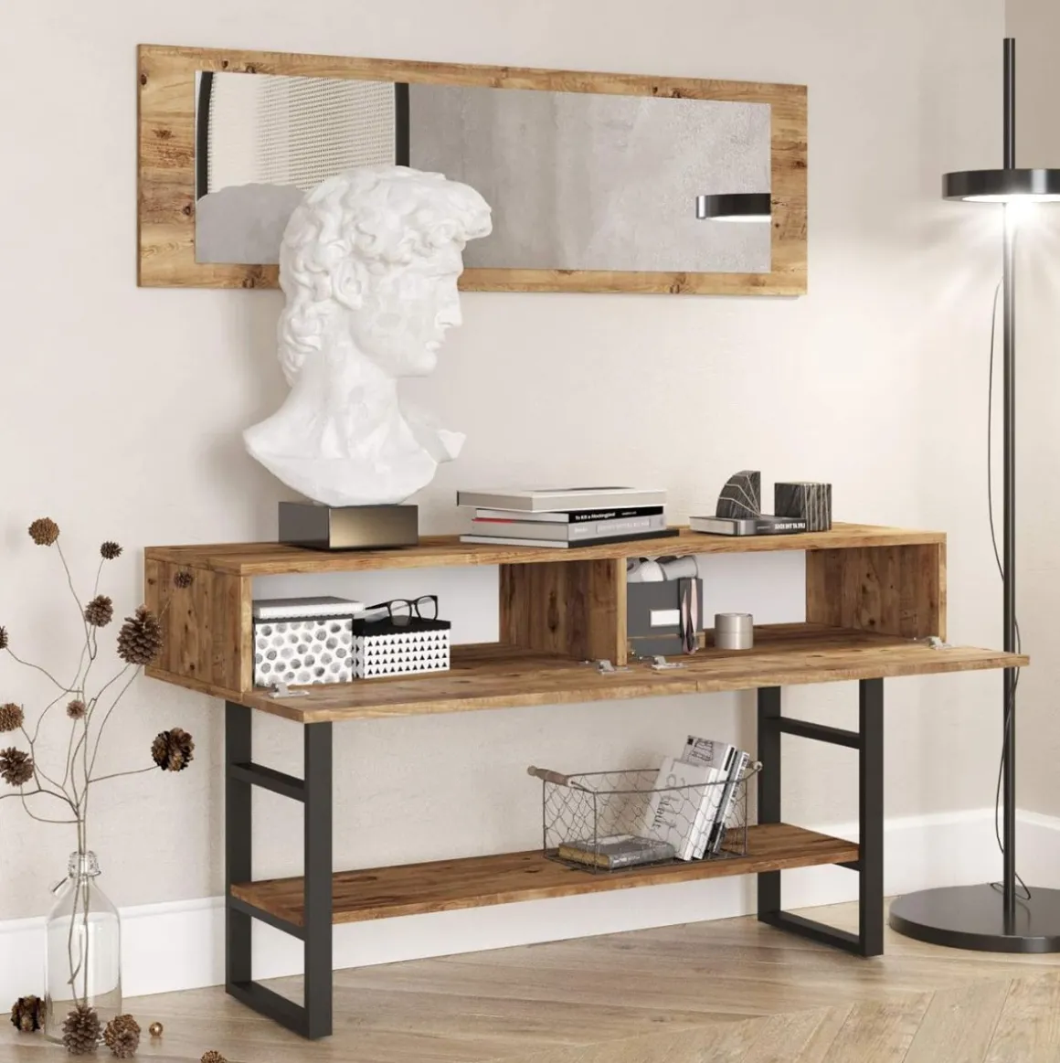 Recibidor Yurupa con espejo + puerta abatible natural/negro 75x139x43 cm