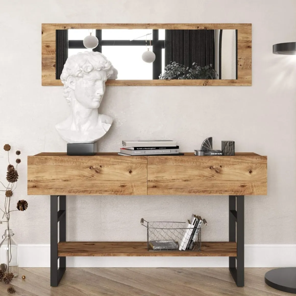 Recibidor Yurupa con espejo + puerta abatible natural/negro 75x139x43 cm