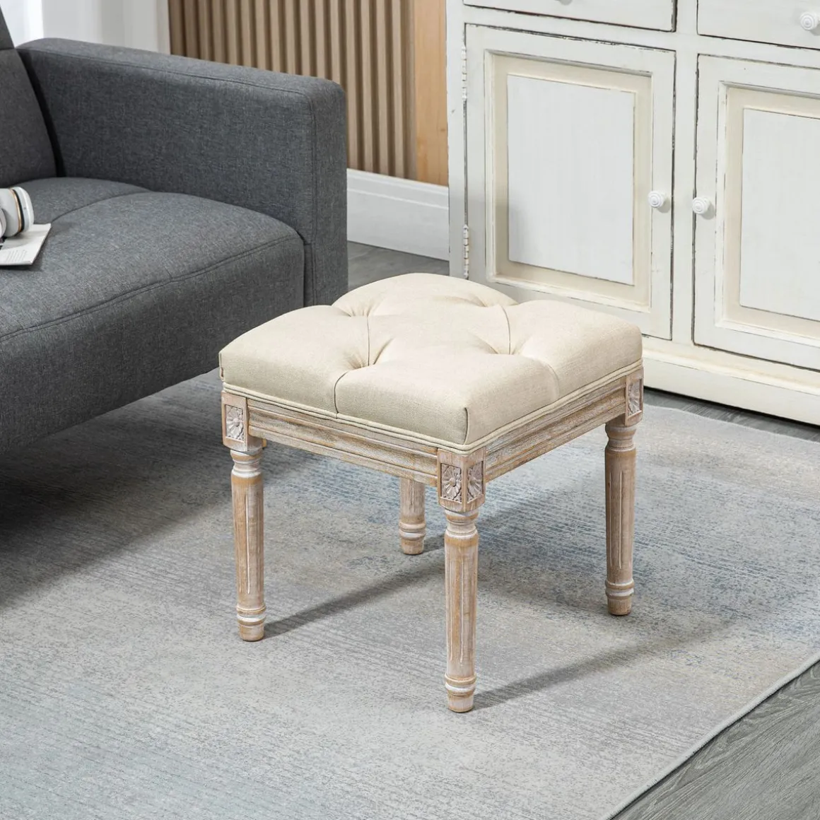 Reposapiés Castillo Homcom capitoné acolchado beige 43x40x40 cm