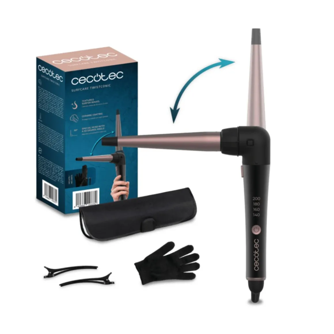 Rizador de pelo Cecotec SurfCare TwistConic ángulo ajustable + accesorios 25-13 mm