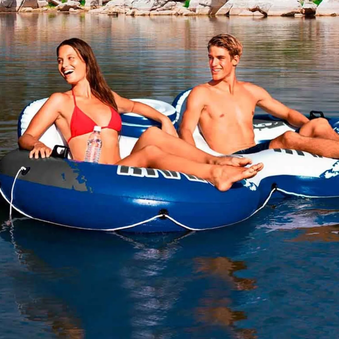 Rueda doble hinchable Intex con nevera incorporada blanco/azul 213x157 cm