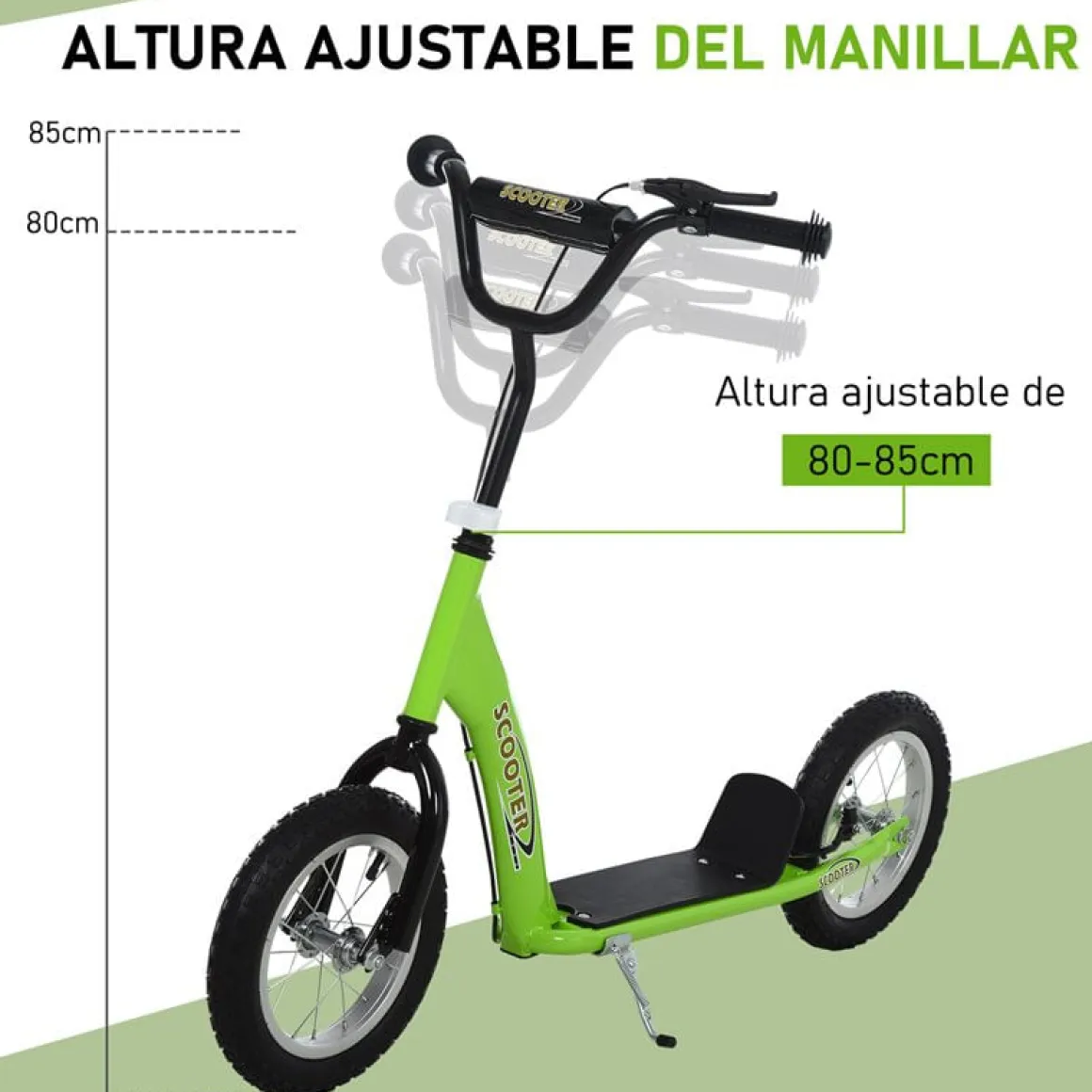 Scooter infantil Homcom con manillar regulable verde 80-85x52x117 cm