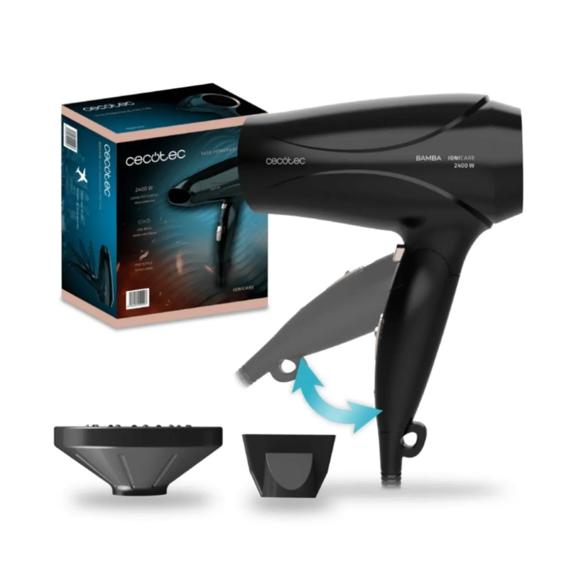 Secador de pelo Cecotec IoniCare 5450 Power&Go Pro Fire 2400W diseño plegable negro