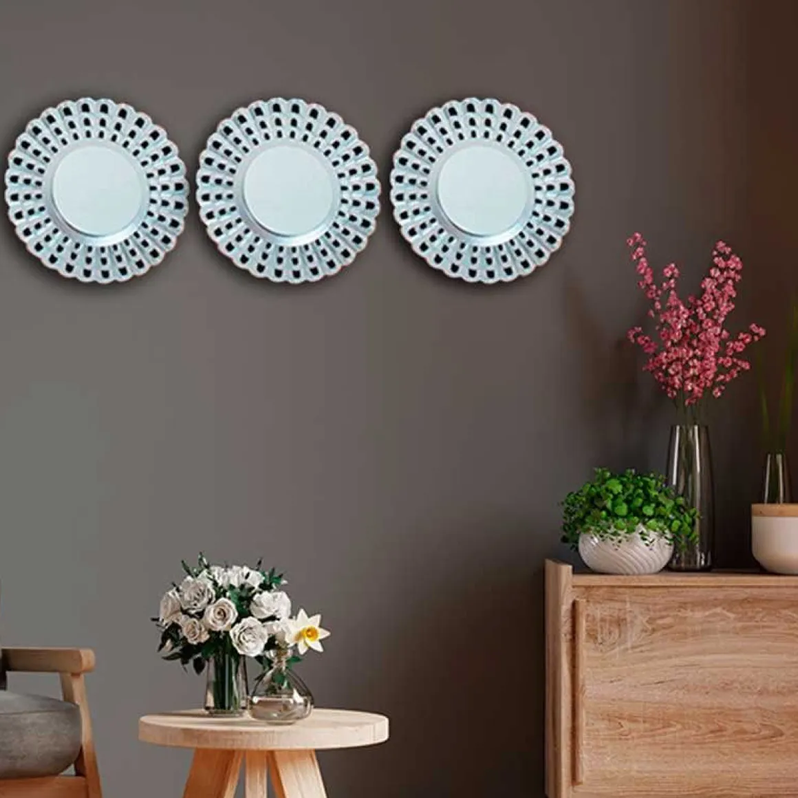 Set 3 espejos de pared Lian 25 cm enmarcación plata