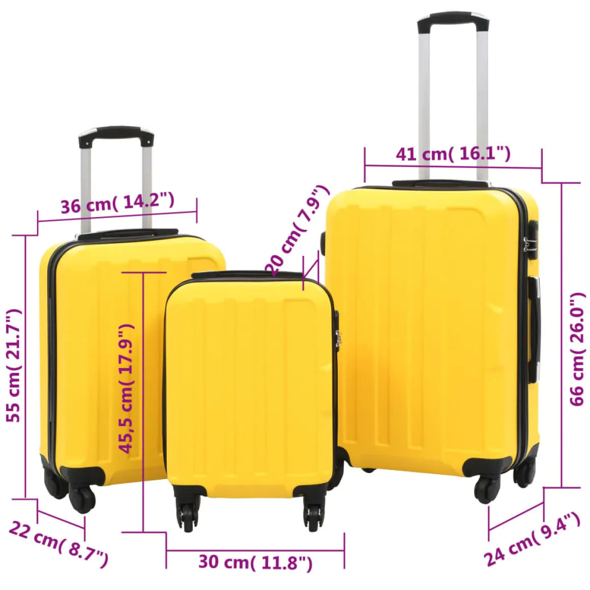 Set de 3 maletas Orlando rígidas ruedas + cerraduras amarillo
