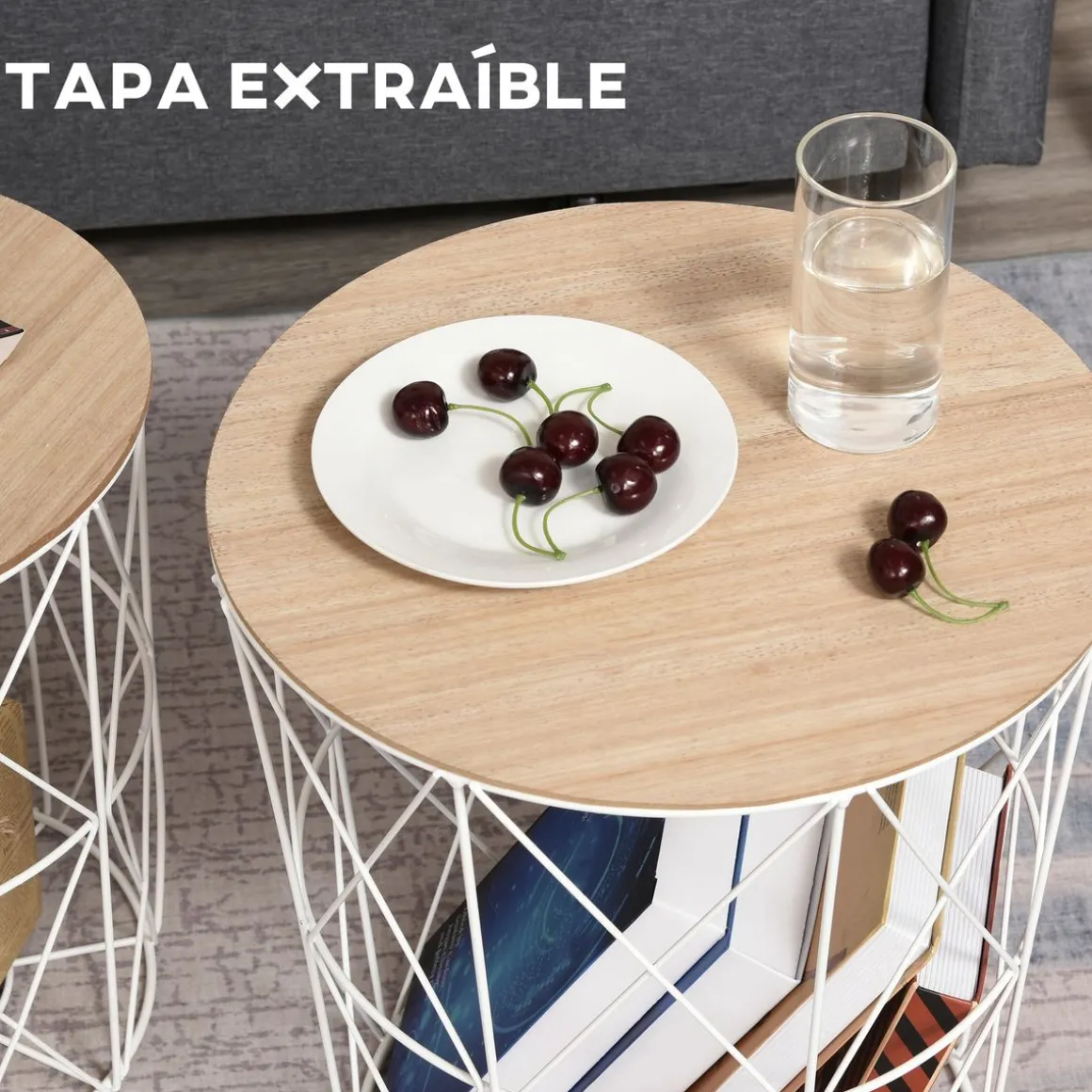 Set de 2 mesas auxiliares Ikko Homcom con tapa blanco/natural Ø40/Ø35 cm