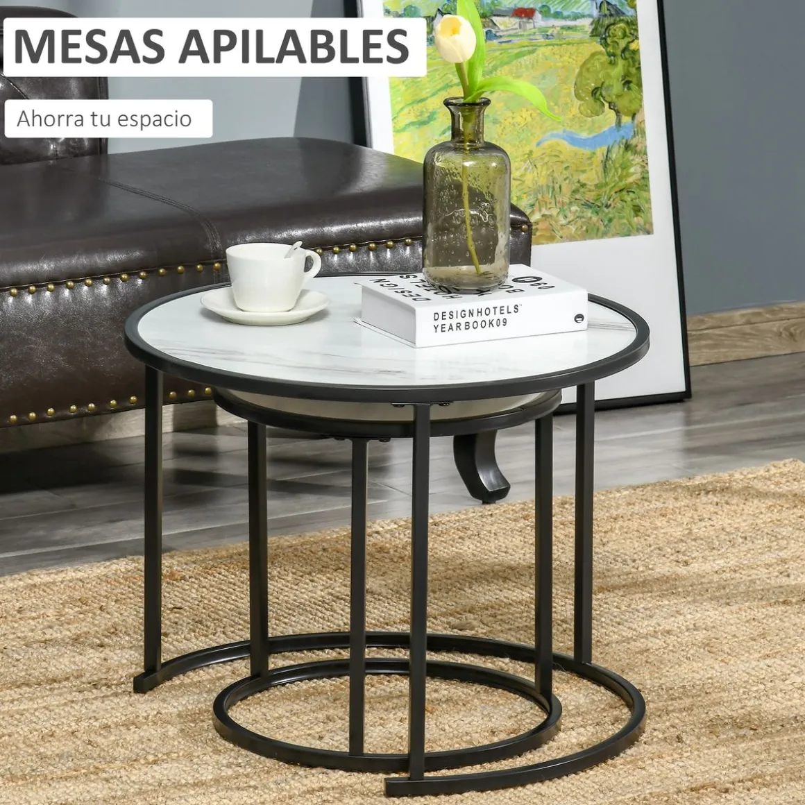 Set de 2 mesas nido Mahaena Homcom tapa efecto mármol blanco