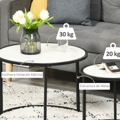 Set de 2 mesas nido Mahaena Homcom tapa efecto mármol blanco