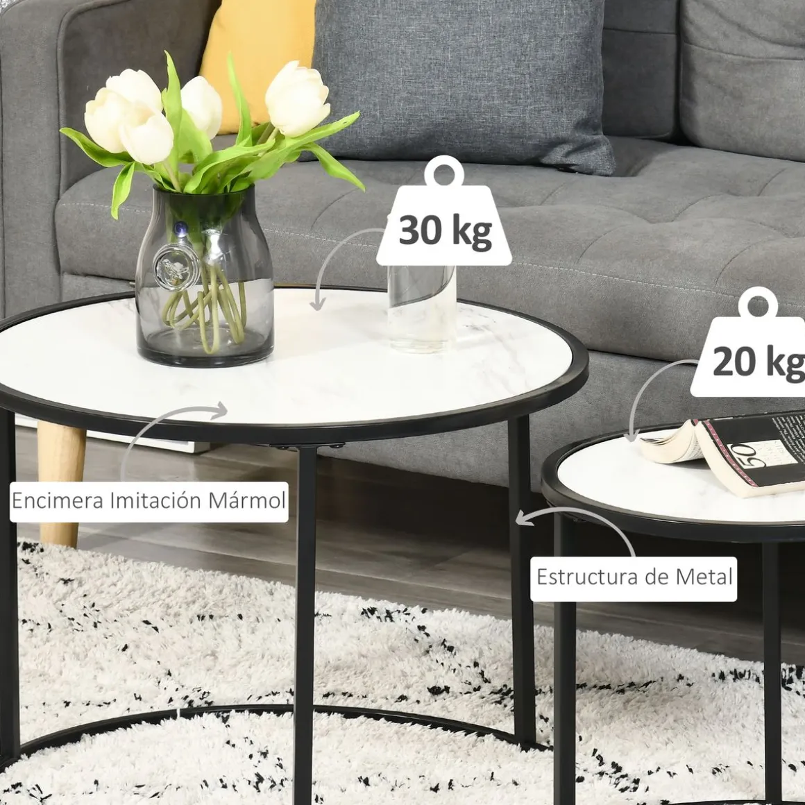 Set de 2 mesas nido Mahaena Homcom tapa efecto mármol blanco