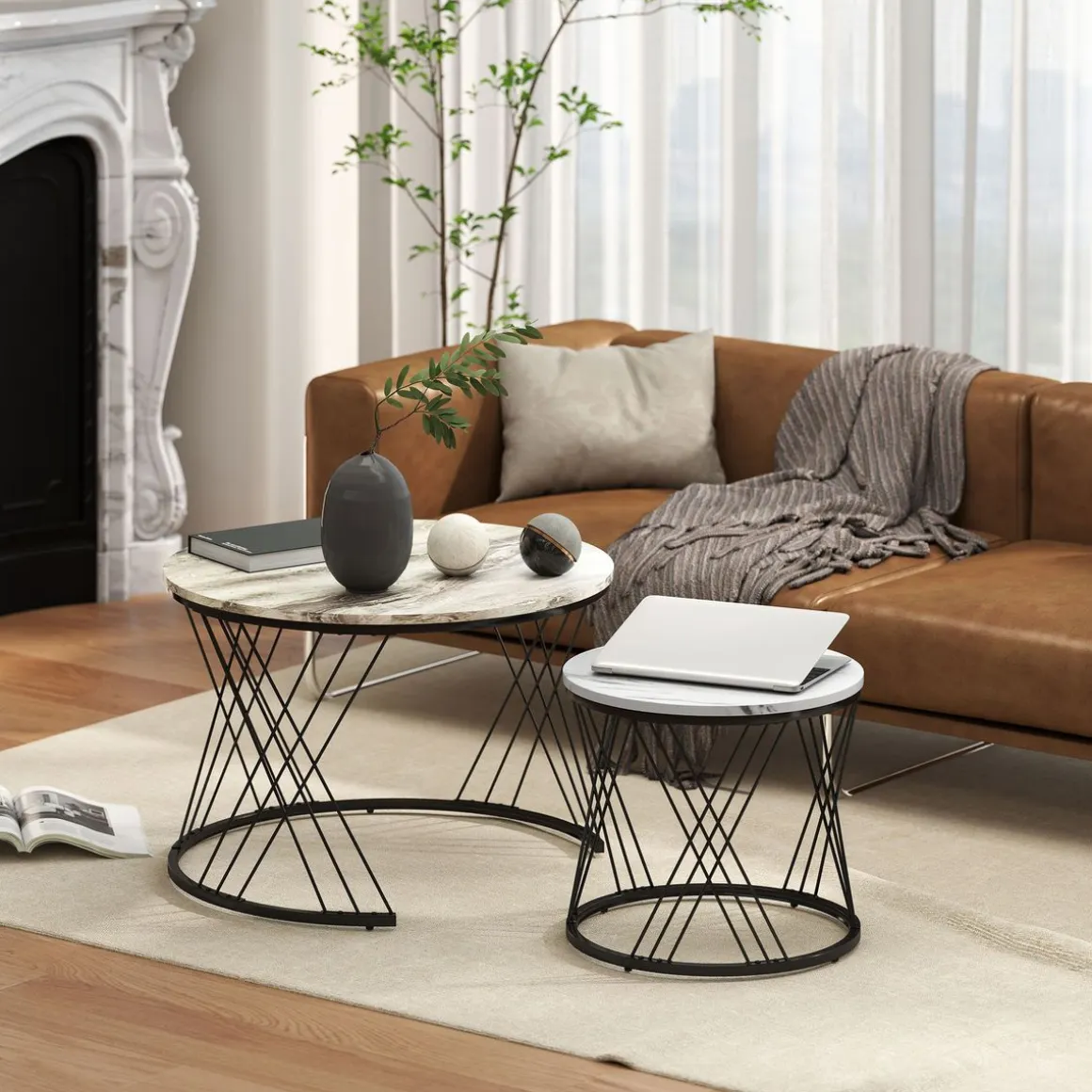 Set de 2 mesas nido Siri Homcom diseño redondo gris/negro