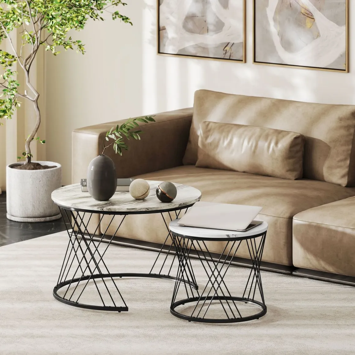 Set de 2 mesas nido Siri Homcom diseño redondo gris/negro