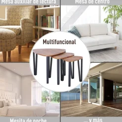 Set de 3 mesitas Homcom diseño nido madera/negro