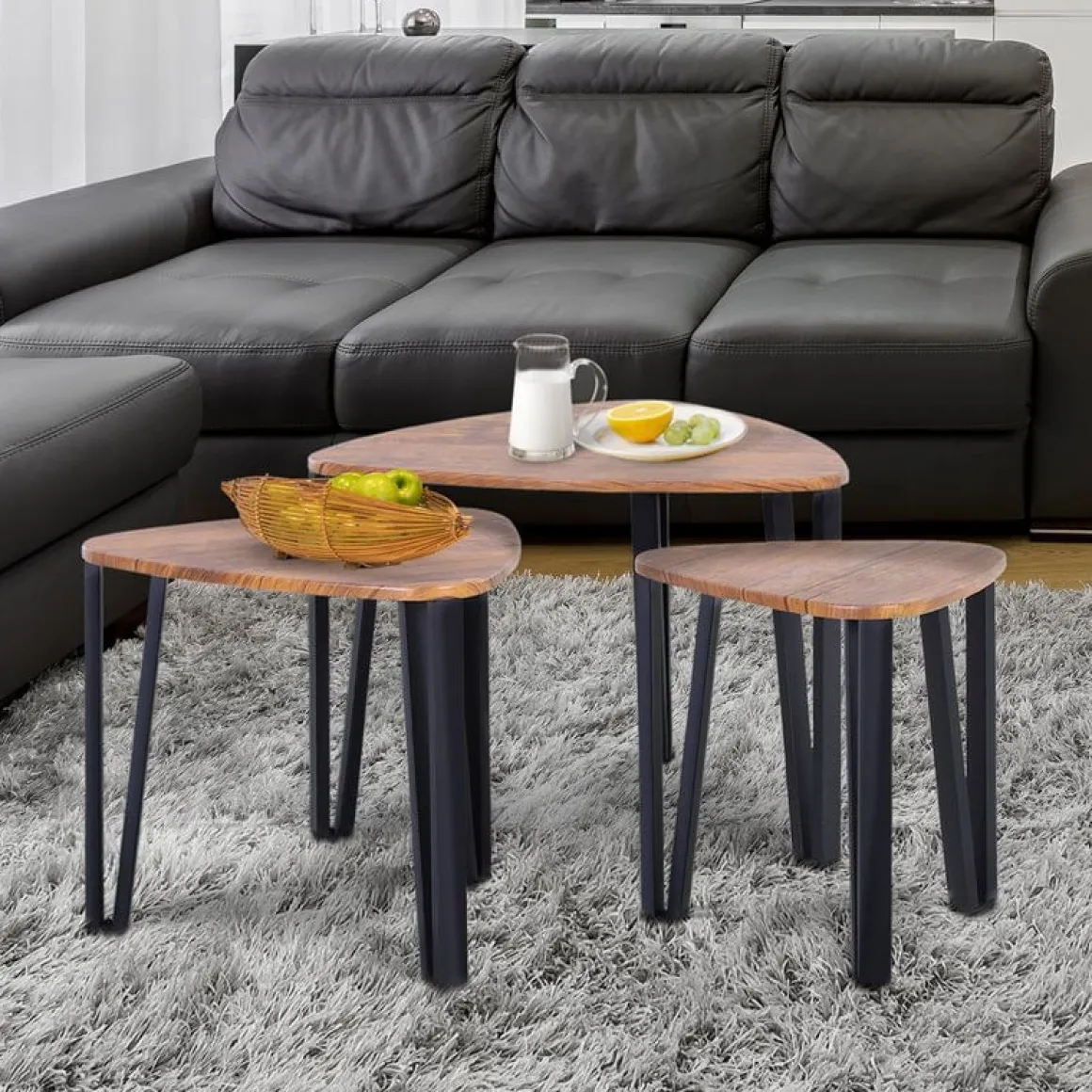 Set de 3 mesitas Homcom diseño nido madera/negro