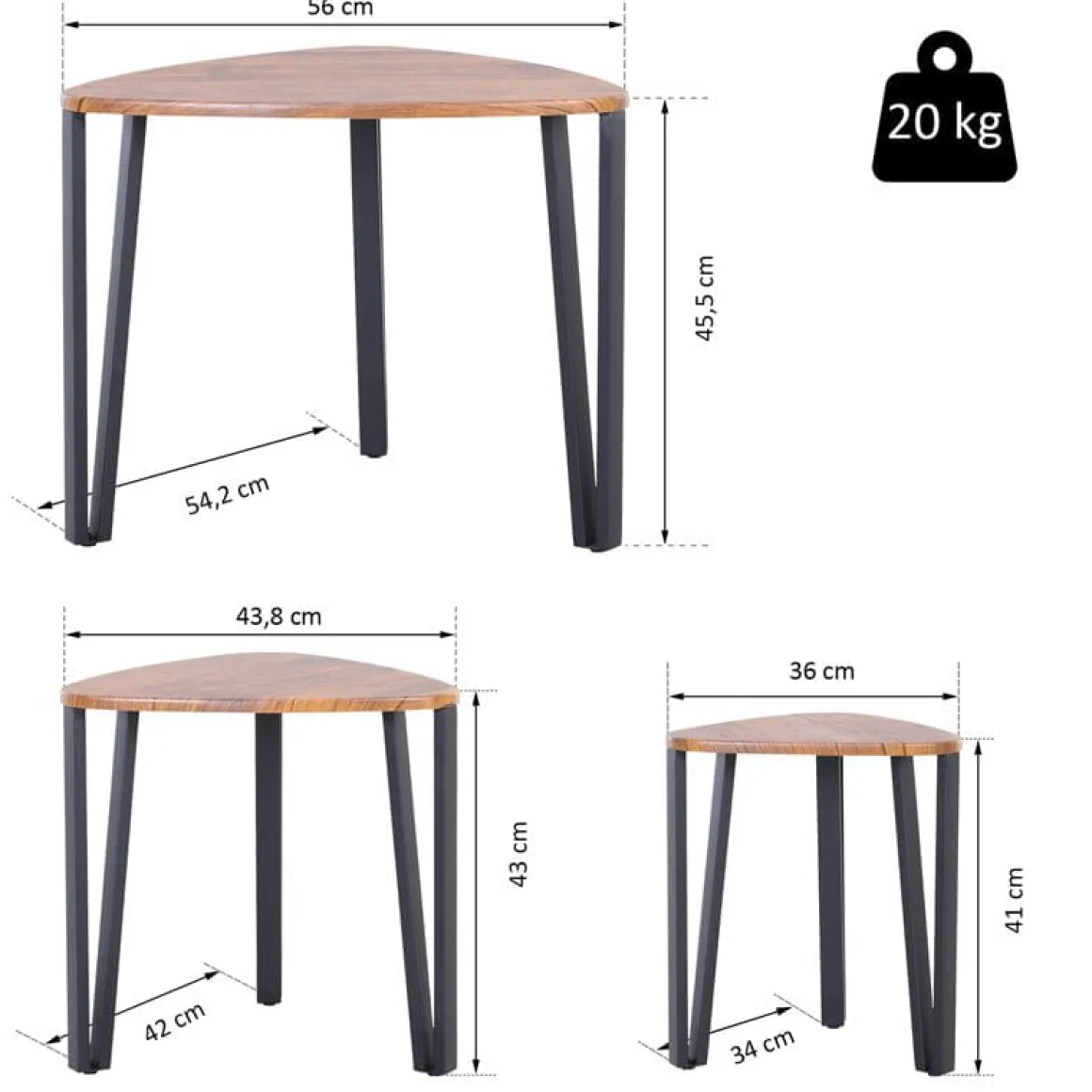 Set de 3 mesitas Homcom diseño nido madera/negro