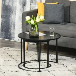 Set de 2 mesitas nido auxiliares Homcom Leo redondas y apilables efecto mármol negro Ø60/Ø40 cm