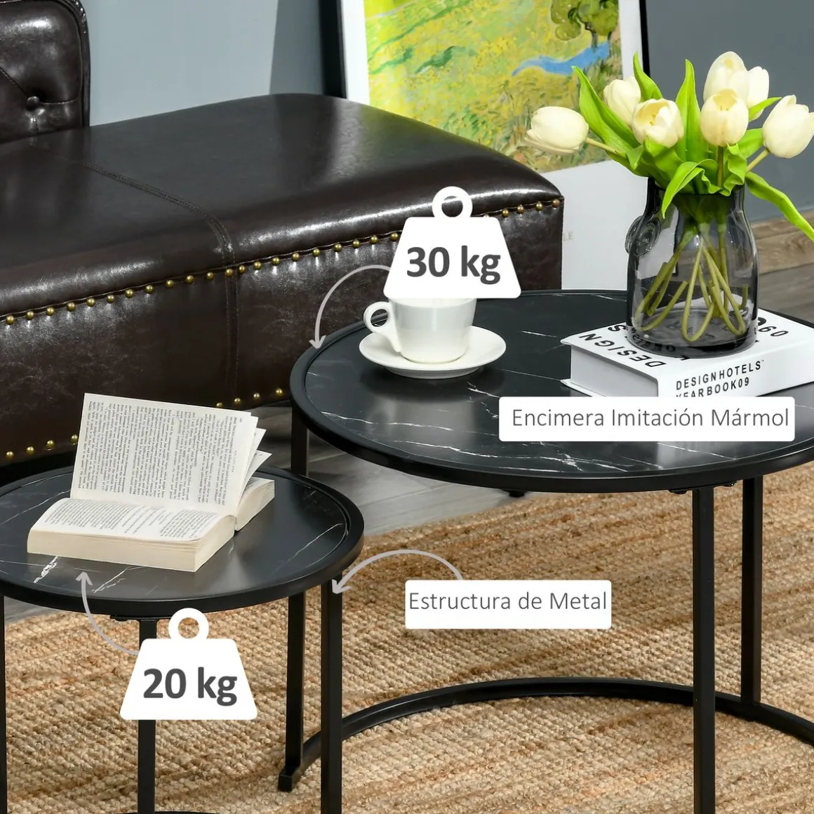 Set de 2 mesitas nido auxiliares Homcom Leo redondas y apilables efecto mármol negro Ø60/Ø40 cm