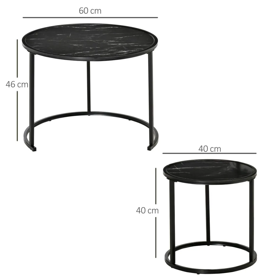 Set de 2 mesitas nido auxiliares Homcom Leo redondas y apilables efecto mármol negro Ø60/Ø40 cm
