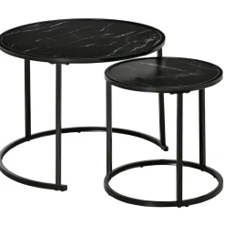 Set de 2 mesitas nido auxiliares Homcom Leo redondas y apilables efecto mármol negro Ø60/Ø40 cm