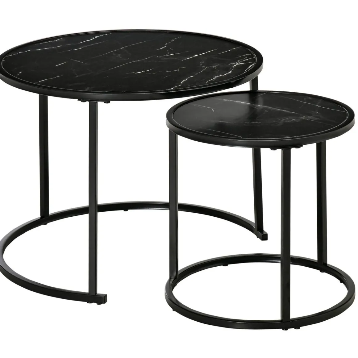 Set de 2 mesitas nido auxiliares Homcom Leo redondas y apilables efecto mármol negro Ø60/Ø40 cm