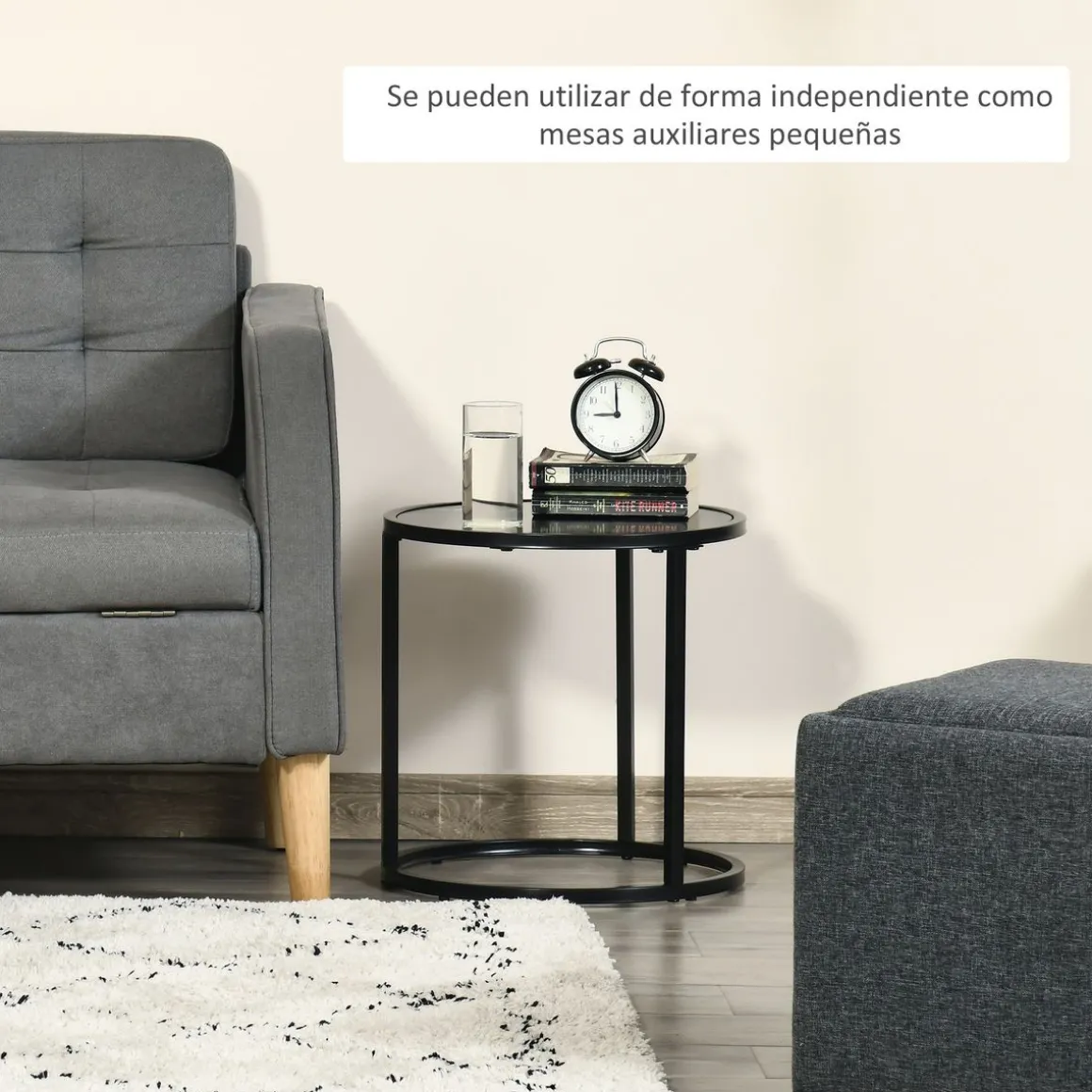Set de 2 mesitas nido auxiliares Homcom Leo redondas y apilables efecto mármol negro Ø60/Ø40 cm