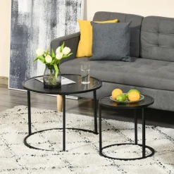 Set de 2 mesitas nido auxiliares Homcom Leo redondas y apilables efecto mármol negro Ø60/Ø40 cm