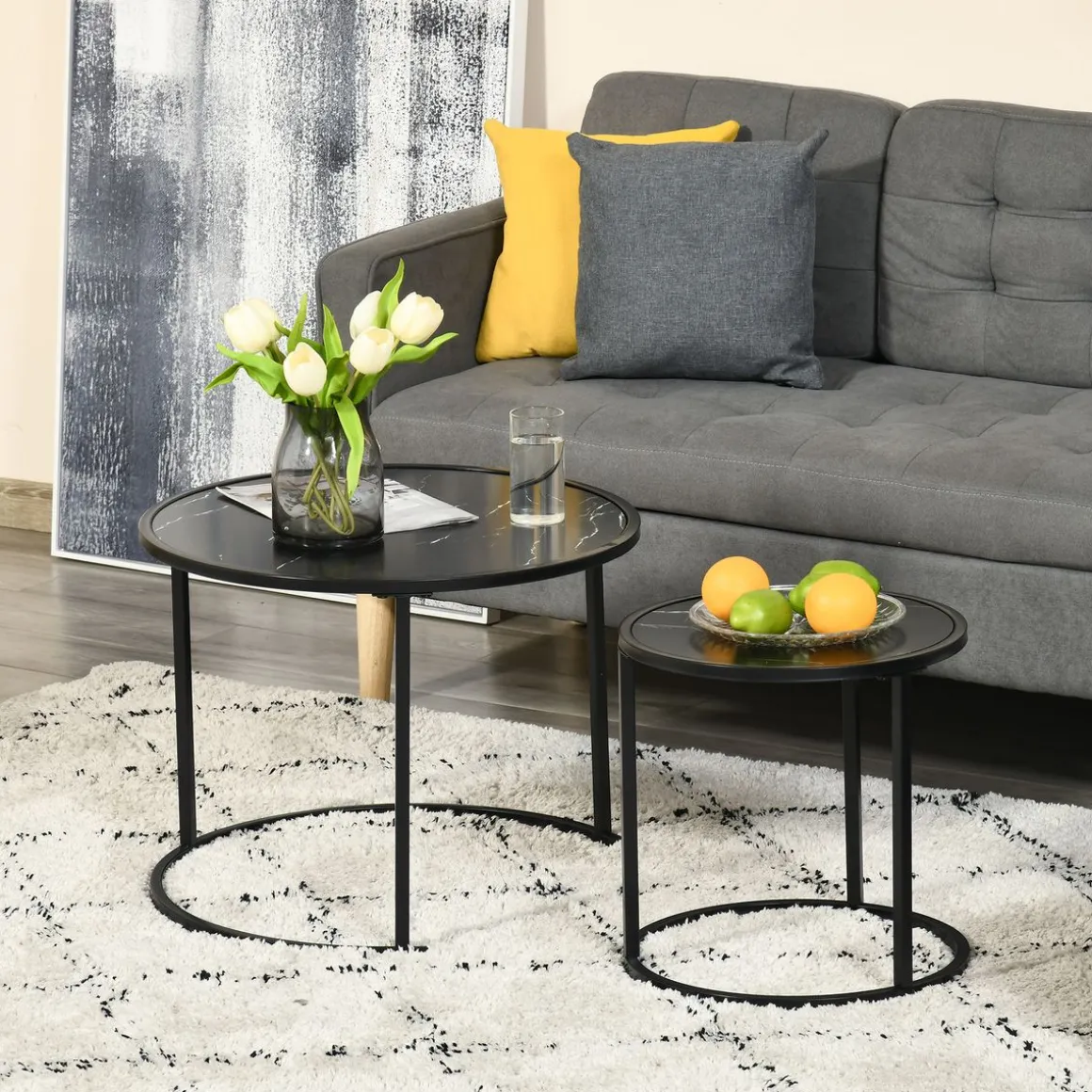 Set de 2 mesitas nido auxiliares Homcom Leo redondas y apilables efecto mármol negro Ø60/Ø40 cm