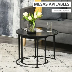 Set de 2 mesitas nido auxiliares Homcom Leo redondas y apilables efecto mármol negro Ø60/Ø40 cm