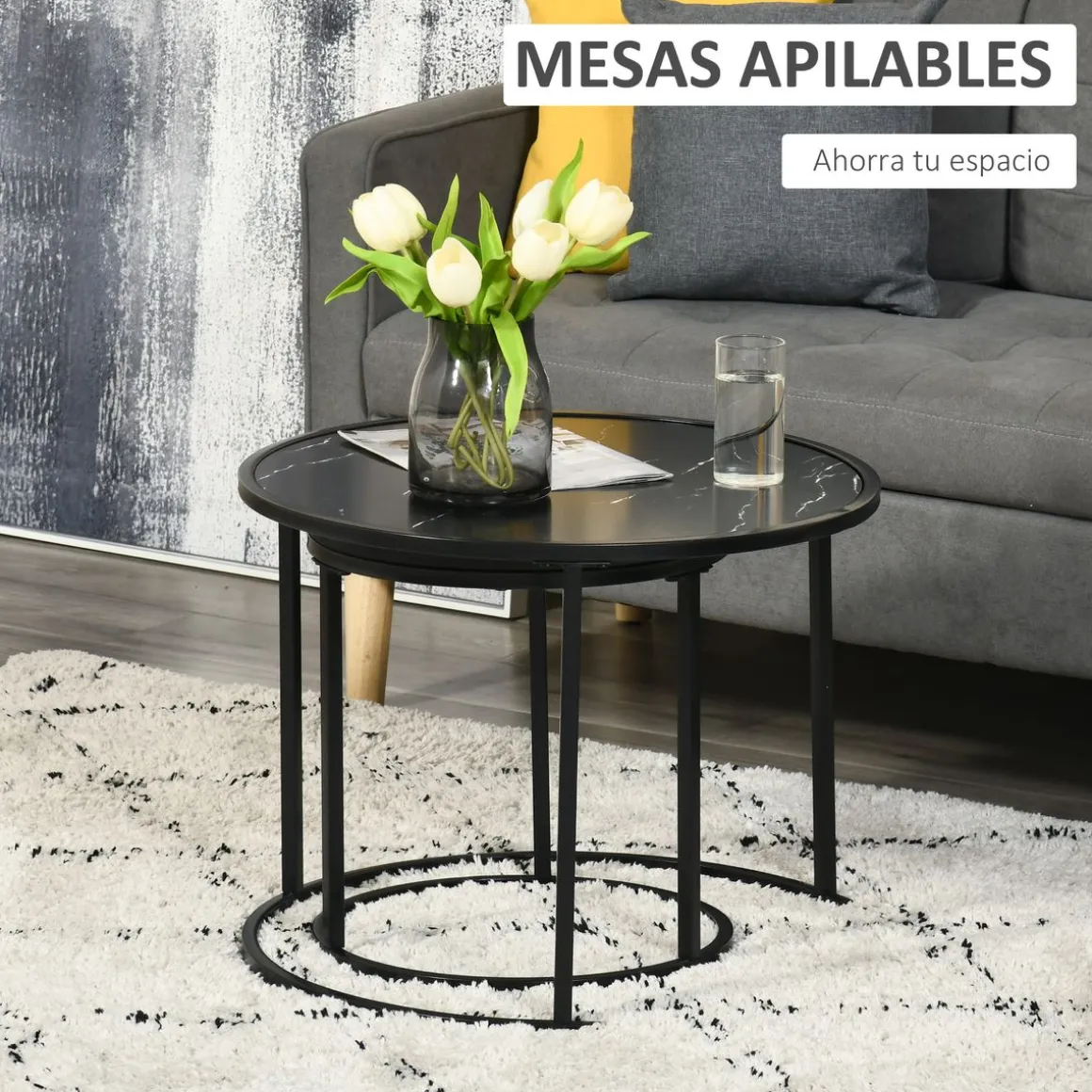 Set de 2 mesitas nido auxiliares Homcom Leo redondas y apilables efecto mármol negro Ø60/Ø40 cm