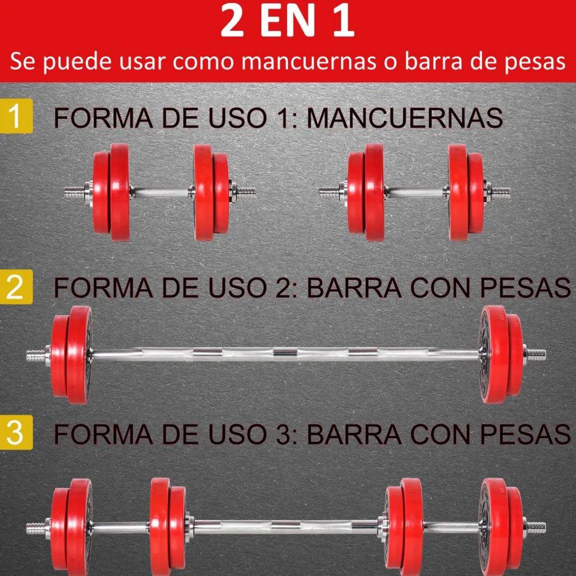 Set de mancuernas Homcom 2 en 1 20kg 8 discos + 2 barras rojo