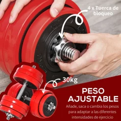 Set de mancuernas Homcom 12 discos + 2 barras + biela + 4 tuercas 30kg rojo