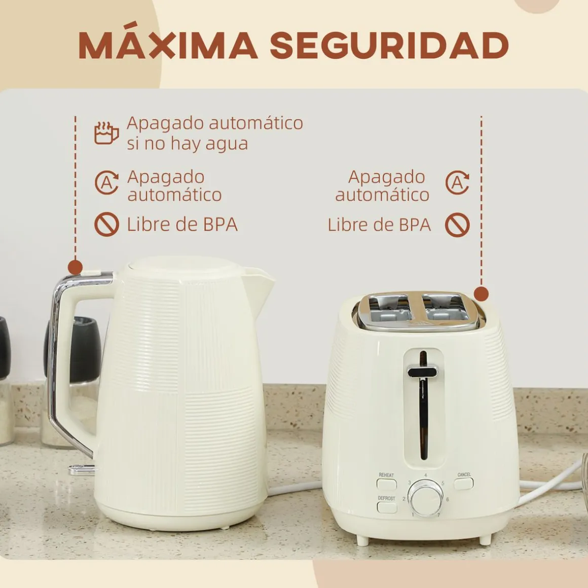 Set hervidor + tostador Homcom 2200W 1,7L 2 rebanadas crema