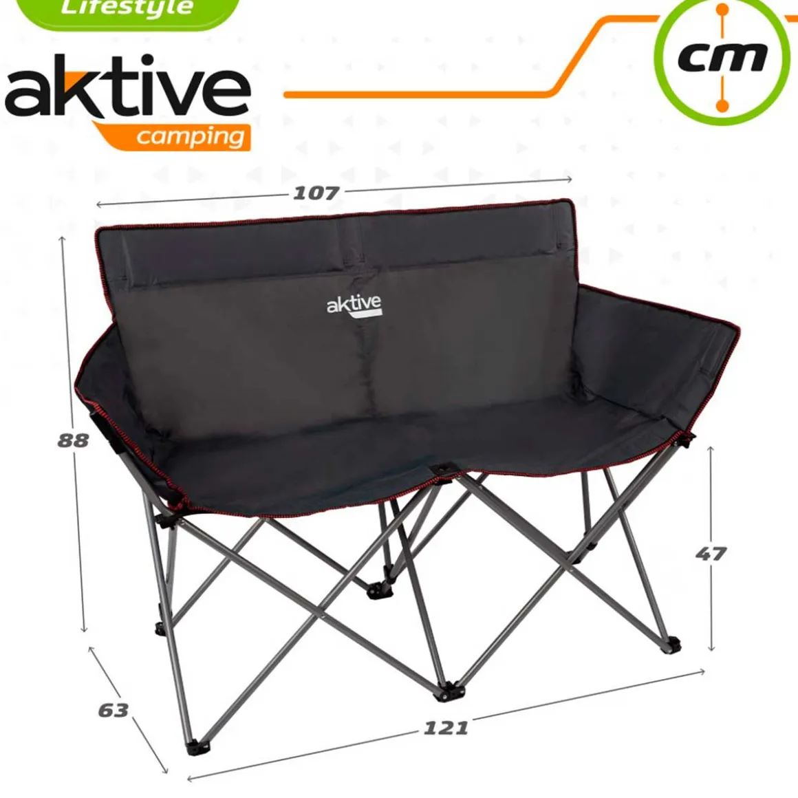 Silla de camping doble Aktive plegable negro 88x121x63 cm
